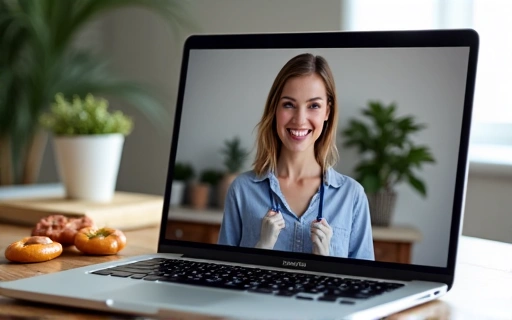 Laptop z wideokonferencją symbolizujący konsultacje dietetyczne online